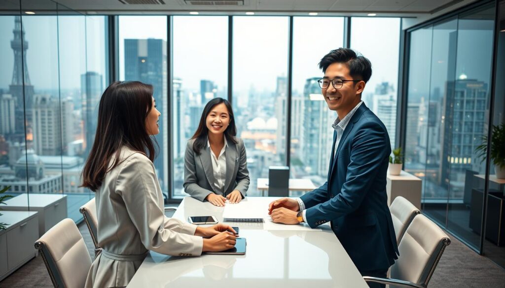 A bustling office setting with young, professional-looking Japanese individuals dressed in business attire. The foreground features a group of three people, two women and one man, engaged in a lively discussion around a conference table. The middle ground showcases a modern, well-lit workspace with sleek furniture and state-of-the-art technology. In the background, panoramic windows offer a view of a vibrant cityscape, conveying a sense of a thriving business district. Soft, directional lighting illuminates the scene, creating a warm and productive atmosphere. The overall image should reflect the diverse career opportunities available to compensation consultants in a dynamic, urban environment.