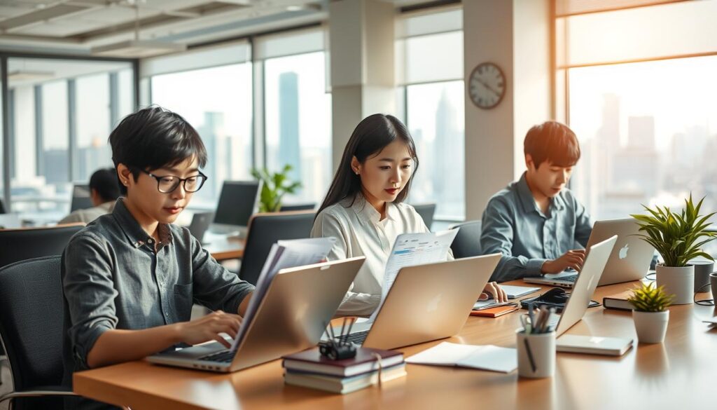 A bustling office space with three young, professional-looking Japanese individuals sitting at desks, engrossed in their work on laptops. The lighting is soft and warm, creating a productive yet relaxed atmosphere. In the foreground, one writer appears to be calculating figures on a spreadsheet, while the others are typing away, deep in concentration. The middle ground features various office supplies and a potted plant, hinting at the writer's workspace. The background showcases large windows overlooking a vibrant city skyline, suggesting the modern, urban setting of a freelance writer's work environment. The overall scene conveys the daily realities and financial considerations of a freelance writer's life.