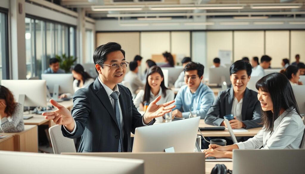 A bustling open-office setting with a group of young, professional-looking Japanese individuals, seated at their desks and engaged in various work-related tasks. The lighting is bright and natural, casting a warm glow over the scene. The camera angle is slightly elevated, offering a panoramic view of the workstation layout. The foreground features a well-dressed manager gesturing animatedly while discussing compensation and benefits with a group of attentive employees. The middle ground showcases the diverse team collaborating on shared projects, their expressions reflecting a mix of concentration and enthusiasm. In the background, a sleek, minimalist office design with clean lines and neutral tones creates a modern, comfortable atmosphere.