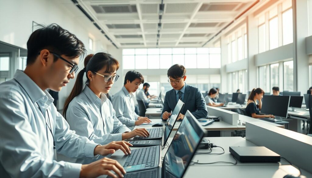 A bustling open-plan office, bathed in soft, natural light streaming through expansive windows. In the foreground, a group of young, focused technicians collaborate intently, their fingers dancing across sleek keyboards as they analyze complex data visualizations. The middle ground reveals rows of streamlined desks, each occupied by a serious-faced Japanese professional, immersed in their work. In the background, a minimalist, high-ceilinged space with clean lines and muted colors, exuding an atmosphere of efficiency and innovation. The overall mood is one of intellectual rigor, seamless teamwork, and a dedication to problem-solving that defines the technocratic work culture.
