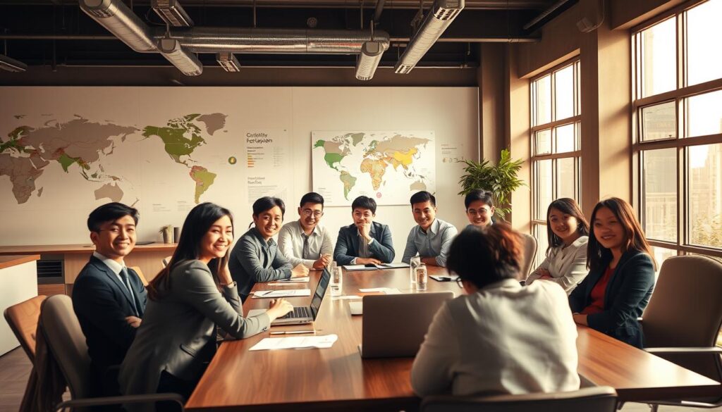 A bustling open-plan office with a team of young, ambitious Japanese professionals gathered around a large conference table, engaged in a lively discussion on global business management strategies. Warm natural light filters in through large windows, casting a soft glow on their serious yet determined expressions. The modern, minimalist decor exudes a sense of international sophistication. On the walls, a world map and infographics provide visual context for their global operations. The mood is one of focused collaboration and forward-thinking as they work to navigate the complexities of managing a multinational corporation.