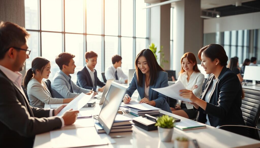 A bustling open-plan office with a team of young, professional-looking Japanese sales associates seated at their desks, engaged in animated discussions and reviewing documents. The lighting is bright and natural, with large windows providing a scenic backdrop of a modern cityscape. The scene conveys a sense of energy and productivity, reflecting the dynamic nature of the dealer sales industry. The associates are dressed in smart, business-casual attire, projecting an image of competence and reliability. The overall mood is one of a thriving, fast-paced work environment where the latest sales strategies and customer insights are being actively discussed and implemented.