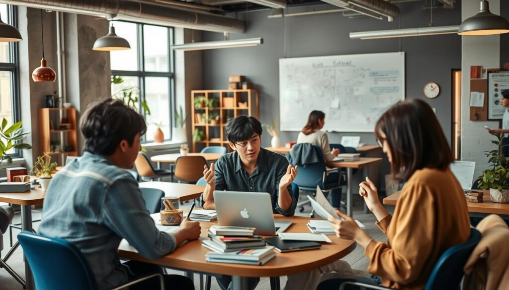 A bustling open-plan office with an eclectic mix of desks, chairs, and modern decor. In the foreground, a group of young Japanese columnists are engaged in lively discussions, their hands gesturing animatedly as they brainstorm ideas. The middle ground features one columnist deeply immersed in research, laptop open and surrounded by piles of notes. In the background, a wall-mounted whiteboard is covered in scribbles and diagrams, hinting at the collaborative nature of their work. Soft, natural lighting filters in through large windows, creating a warm and productive atmosphere. The overall scene conveys the dynamic, fast-paced, and versatile nature of a columnist's daily routine.