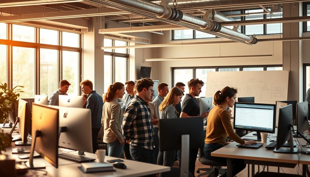 A bustling open-space office, bathed in warm natural light from large windows. A diverse team of young, focused web developers, designers, and project managers collaborate intently on their screens and whiteboards. Sleek, minimalist workstations and an array of cutting-edge devices and tools create an atmosphere of modern, innovative technology. The team's expressions convey deep concentration, problem-solving, and a shared sense of purpose as they tackle complex web development challenges. The room's mood is one of productivity, creativity, and a dynamic, fast-paced work environment where Web Engineers thrive.