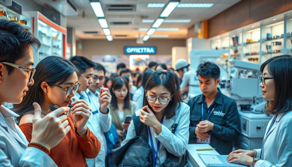 A bustling optometrist's market, filled with young, Japanese-looking professionals examining patients' eyes under warm, natural lighting. The foreground features a team of optometrists intently inspecting frames and lenses, while the middle ground showcases a queue of patients waiting their turn. The background depicts a modern, well-equipped clinic with state-of-the-art diagnostic equipment. The scene conveys a sense of professionalism, efficiency, and the growing demand for specialized eye care services in the region.