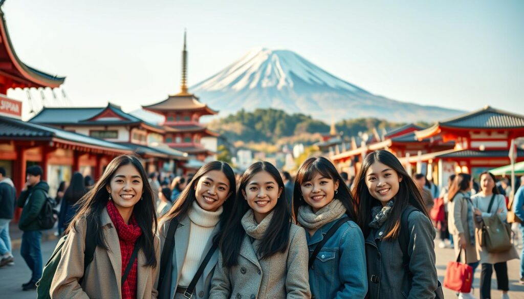 A bustling outdoor scene depicting Japan's inbound tourism strategy. In the foreground, a group of young, fashionably dressed Japanese models stand together, their expressions conveying a welcoming, approachable demeanor. The middle ground features a blend of traditional and modern Japanese architecture, hinting at the diverse cultural offerings for international visitors. In the background, a towering Mount Fuji rises majestically, symbolizing the natural beauty that draws tourists from around the world. The lighting is warm and vibrant, creating an inviting atmosphere. Captured with a wide-angle lens to showcase the depth and grandeur of the scene.