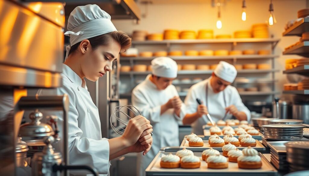 A bustling pastry kitchen bathed in warm, golden light. A young, skilled pâtissier carefully whisks a batter, their focused expression reflected in the gleaming stainless-steel appliances surrounding them. In the middle ground, another pâtissier meticulously pipes intricate designs onto delicate pastries, their nimble hands guided by years of practice. The background is filled with the organized chaos of the workspace, shelves brimming with baked goods and an array of culinary tools, all working in harmony to create the perfect confections.