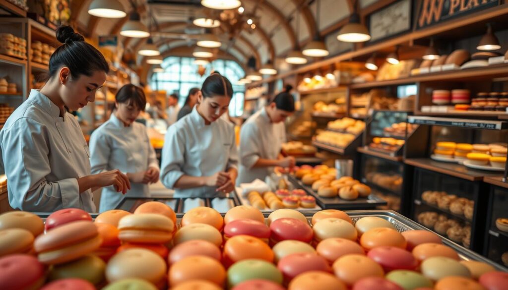A bustling patisserie market showcasing the latest trends in French-inspired pastries. The foreground features a display of delicate macarons in vibrant colors, their glossy shells reflecting the soft, warm lighting overhead. In the middle ground, young, skilled patissiers in crisp white uniforms meticulously craft intricate desserts, their expressions focused and their movements graceful. The background reveals a panoramic view of the market, with rows of quaint vendor stalls offering an array of handmade breads, tarts, and exquisite cakes. The atmosphere is one of creativity, passion, and the appreciation for the artistry of French patisserie.