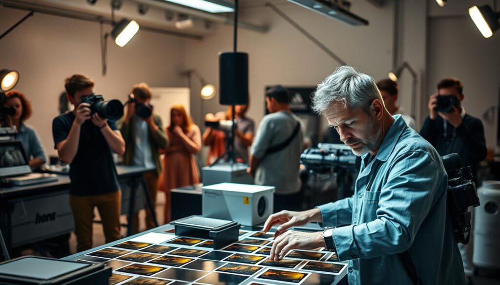 A bustling photo studio, bathed in soft, diffused lighting. In the center, a skilled darkroom technician carefully handles negatives, their hands guided by years of expertise. Nearby, a team of young, focused photographers capture vibrant scenes, their cameras poised to immortalize the world. The technician's gaze is transfixed, immersed in the alchemy of film development, their role pivotal in shaping the final images that will grace the pages of magazines and adorn gallery walls. The space hums with the energy of creativity, where the technician's mastery of the craft underpins the artistic vision of the photographers, a harmonious collaboration that elevates the art of photography.
