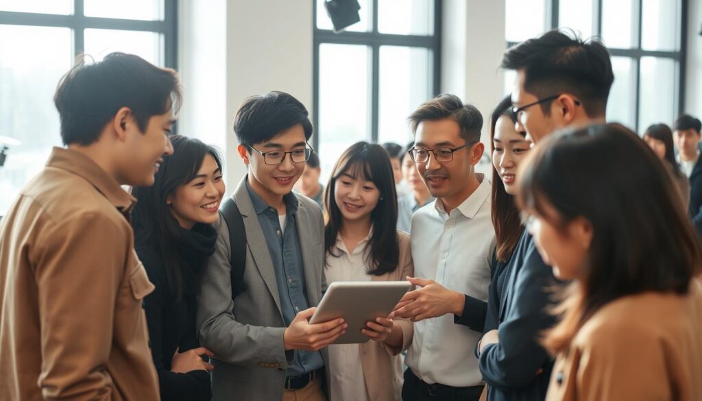 A bustling photo studio, with a team of young, Japanese-looking professionals engaged in lively discussion. In the foreground, a focused, detail-oriented photo director leads the conversation, gesturing animatedly as they review shots on a tablet. The team surrounds them, leaning in attentively, their expressions intent as they offer feedback and ideas. Soft, natural lighting filters in through large windows, casting a warm, collaborative atmosphere. The scene captures the essential communication skills of a skilled photo director - the ability to guide a team, actively listen, and foster an environment of open, constructive dialogue.