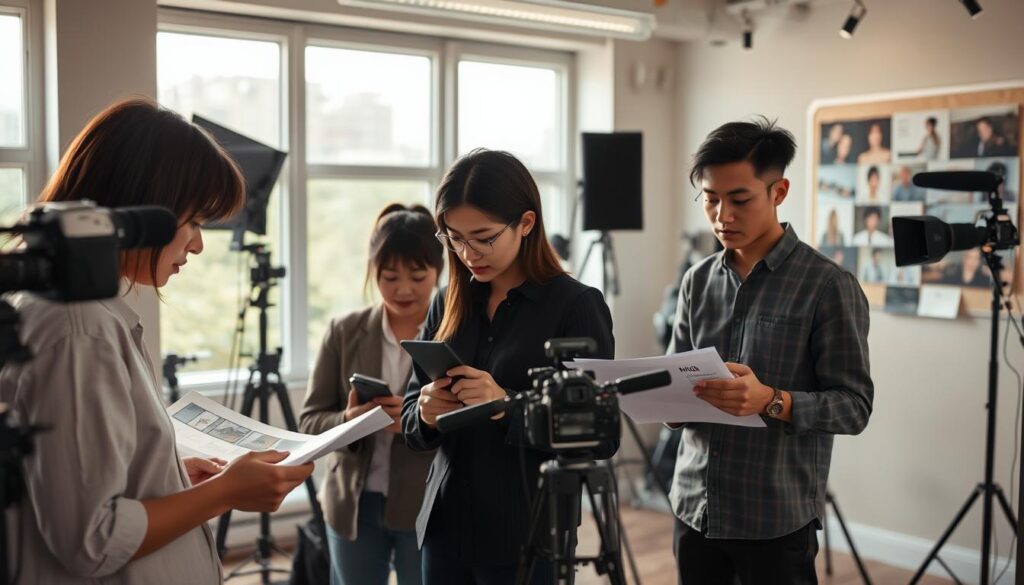 A bustling photo studio, with a team of young, dynamic Japanese-looking photo directors collaborating intently. Soft natural lighting filters through large windows, casting a warm, professional ambiance. In the foreground, they pore over digital mockups and design sketches, discussing composition, lighting, and camera angles. The middle ground features various high-end camera equipment and lighting setups, hinting at the technical expertise required. In the background, a mood board showcases recent photography trends, reflecting the directors' keen eye for the current market needs. An atmosphere of focused creativity and adaptability permeates the scene, exemplifying the growing demand for skilled photo directors.