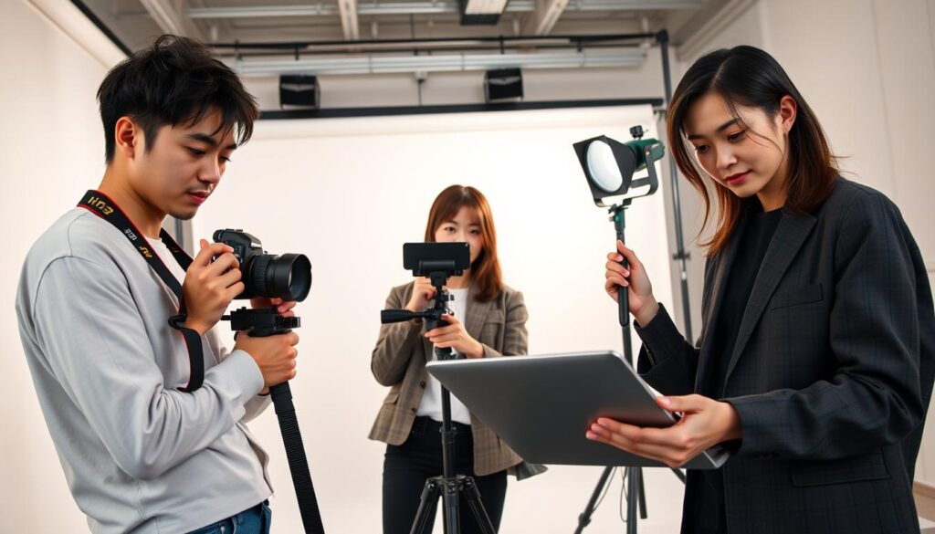 A bustling photo studio with three young Japanese-looking models posing confidently in front of a clean white backdrop. One model is focused on operating a professional DSLR camera, another is adjusting studio lighting while the third is reviewing photos on a laptop. The models exude a focused, hardworking demeanor, representing the technical skills and attention to detail required of a talented photo director. Soft, even lighting illuminates the scene, creating a professional and polished atmosphere. The overall composition conveys the multifaceted responsibilities and high standards of a skilled photo director's work.