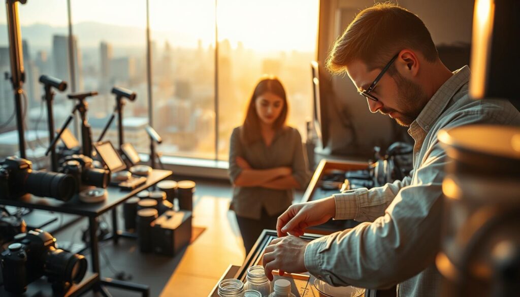A bustling photography studio, bathed in warm, golden light. In the foreground, a skilled photo developer meticulously processes film, their hands deftly manipulating the chemicals and equipment. Behind them, a young assistant observes, eager to learn the craft. In the middle ground, a collection of high-tech cameras and lenses hint at the diverse range of photographic services offered. The background reveals a panoramic city skyline, suggesting the professional opportunities and growth potential for this dynamic career path. The scene conveys a sense of expertise, dedication, and the ever-evolving nature of the photography industry, where the photo developer's role is essential.