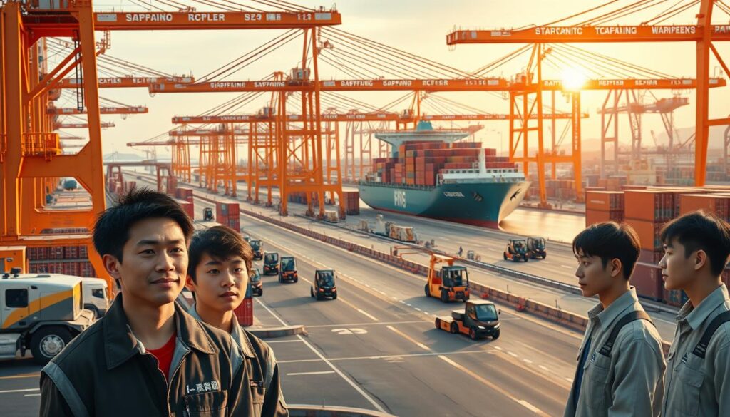 A bustling port at the cusp of the future, where sleek autonomous cranes and robotic handlers seamlessly coordinate the flow of cargo. In the foreground, a group of young Japanese workers, their faces determined, oversee the intricate dance of technology and human expertise. The middle ground showcases the latest innovations - self-navigating forklifts, AI-powered inventory tracking, and seamless integration of IoT sensors. In the background, a glimpse of the port's expanding horizons, with towering container ships and the promise of ever-more efficient logistics. Warm, golden lighting casts a futuristic glow, capturing the promise of this evolving industry.