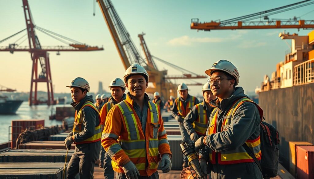 A bustling port scene, with a group of young, energetic dock workers diligently loading and unloading cargo from ships. The men, dressed in protective gear, work in tandem, showcasing their skilled coordination and teamwork. The scene is bathed in warm, golden lighting, capturing the hard-working spirit of these individuals as they navigate the various tasks required in this dynamic career path. In the background, towering cranes and the vast expanse of the harbor create a sense of scale and the importance of their roles in the larger maritime industry. The image conveys the potential for career growth and advancement, highlighting the dedication and expertise of these Japanese port workers.