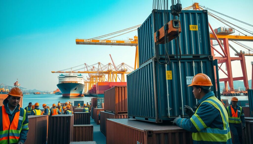 A bustling port scene with meticulous cargo handling, showcasing the diligence of young Japanese workers. In the foreground, workers in safety gear meticulously secure heavy containers, their expressions focused and determined. In the middle ground, mobile cranes delicately maneuver oversized loads, while in the background, towering ships and gantry cranes dominate the skyline. The scene is illuminated by warm, natural lighting, capturing the dynamic energy and precision of the port operations. The overall atmosphere conveys a sense of organized efficiency and unwavering commitment to safety protocols.