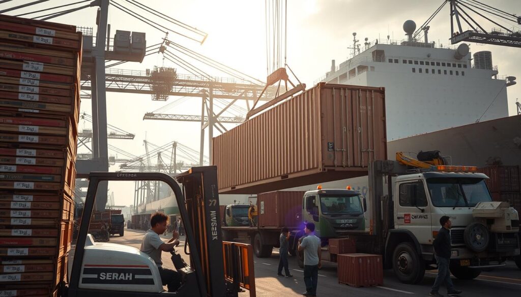 A bustling port scene, workers diligently operating heavy machinery to load and unload cargo containers. The sun's rays filter through the hazy atmosphere, casting a warm glow over the weathered faces of the young Japanese-looking laborers. In the foreground, a forklift operator deftly maneuvers a towering stack of boxes, while in the middle ground, a crane operator carefully lowers a massive container onto a waiting truck. The background is filled with the silhouettes of gantry cranes and the hulls of massive ships, creating a sense of scale and industrial grandeur. The overall mood is one of hard work, efficiency, and the rhythmic flow of port operations.