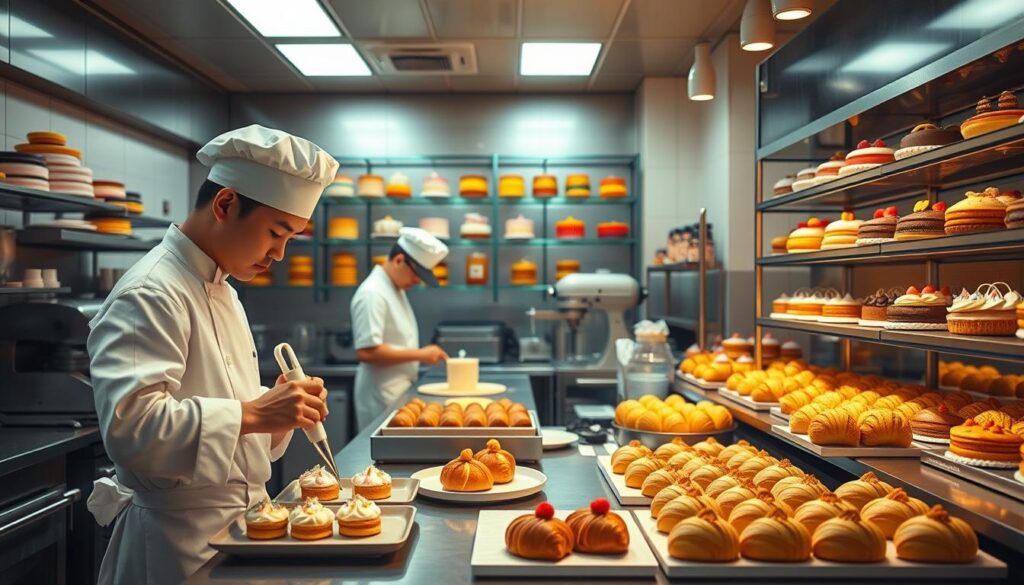 A bustling professional kitchen, illuminated by warm overhead lighting, with a team of skilled Japanese patissiers meticulously crafting an array of delectable pastries. In the foreground, a young chef in a crisp white uniform carefully pipes intricate designs onto delicate desserts, while behind them, another prepares a tray of freshly baked croissants. The middle ground features a well-organized workstation with an assortment of baking tools, ingredients, and an industrial-grade mixer. In the background, shelves display an impressive collection of colorful, artfully arranged cakes and confections, creating a visually striking and immersive atmosphere that captures the essence of a professional patisserie's workplace.