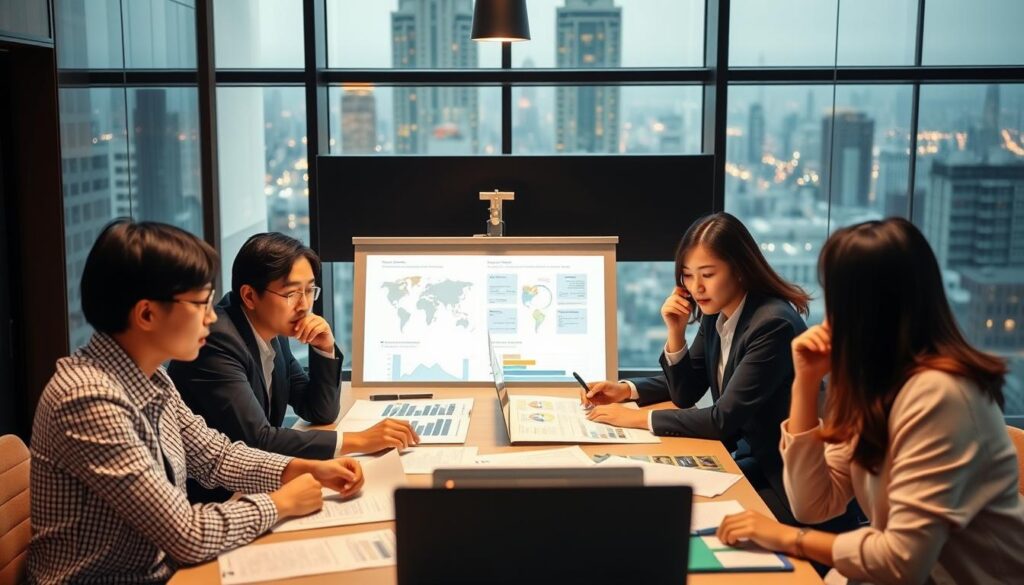 A bustling public policy project meeting, set against the backdrop of a sleek modern office. A team of young, focused Japanese professionals collaborate intently around a conference table, studying data visualizations and documents. Warm, diffused lighting casts a thoughtful ambiance, while large windows overlook a vibrant cityscape. The group exudes a sense of purpose and dedication as they tackle complex policy challenges, working together to craft innovative solutions. The scene conveys a dynamic, high-caliber public policy project in action.