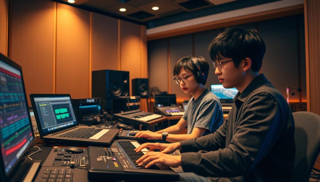 A bustling recording studio, bathed in warm, ambient lighting. Three skilled arrangers, youthful Japanese-looking individuals, intently focused on their workstations. They manipulate digital music software, their fingers dancing across keyboards and control surfaces, shaping the soundscape of the future. The room is filled with the hum of synthesizers, the rhythmic tapping of drums, and the occasional burst of melody. This scene captures the dynamic demand for arrangers in the ever-evolving music industry, where their expertise in orchestration, instrumentation, and sonic experimentation shapes the direction of popular and emerging genres.