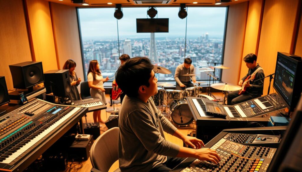 A bustling recording studio, illuminated by warm, diffused lighting. In the foreground, a young Japanese-looking music producer sits intently at a mixing console, fingers dancing across the controls. Surrounding them, a diverse team of collaborators - a vocalist harmonizing, a guitarist strumming, and a drummer keeping the rhythm. The middle ground showcases an array of high-tech equipment, from sleek monitors to rows of synthesizers, creating an atmosphere of creative energy and technical mastery. In the background, a panoramic view of a vibrant city skyline, hinting at the broader industry and career possibilities for this talented trailblazer. The scene conveys the passion, skill, and growth potential inherent in the life of a successful music producer.