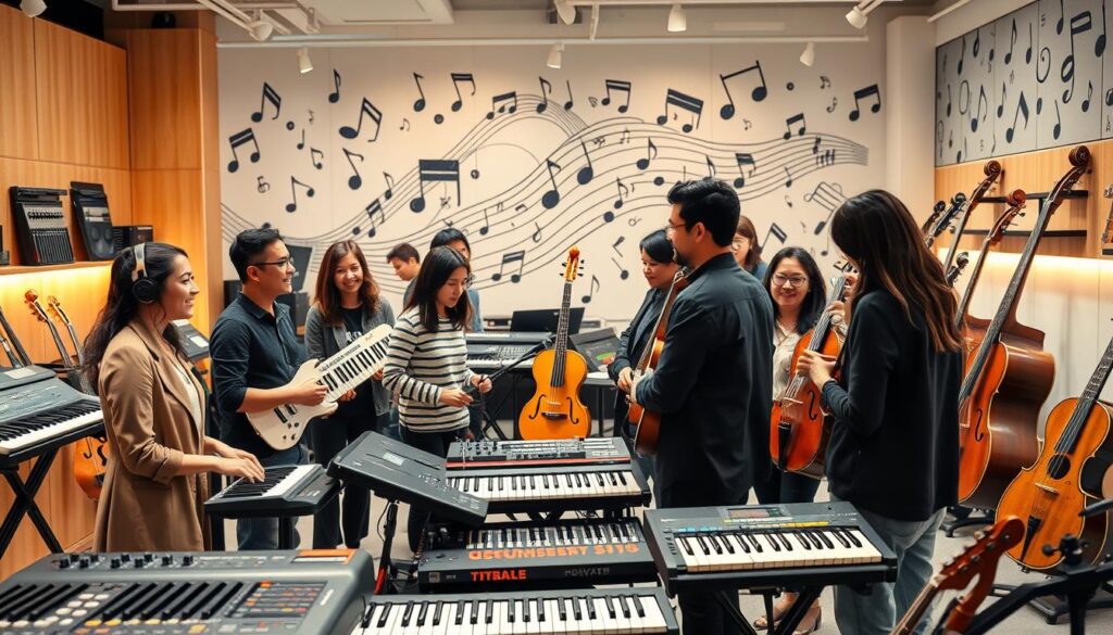 A bustling scene at a modern musical instrument manufacturer's showroom, showcasing the latest trends in design and technology. The room is bathed in warm, natural lighting, highlighting the sleek and minimalist aesthetic of the instruments on display. In the foreground, a group of young, ethnically diverse employees engage with potential customers, their expressions lively and enthusiastic. The middle ground features an array of cutting-edge instruments, from advanced electronic keyboards to innovative string instruments, all meticulously crafted to perfection. In the background, a mural of musical notes and symbols adds a dynamic, artistic touch to the overall atmosphere, conveying the company's deep appreciation for the craft and artistry of musical instrument making.