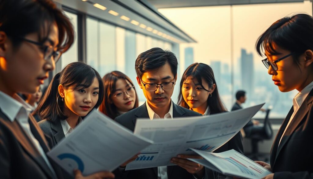 A bustling scene depicting the industry trends and market dynamics of the travel attendant profession. The foreground showcases a group of young, professional-looking Japanese individuals, their faces displaying a mix of concentration and determination as they pore over data-filled reports and charts. The middle ground features a sleek, modern office setting with clean lines and a minimalist aesthetic, suggesting a thriving, technology-driven industry. The background is filled with a subtle cityscape, hinting at the global reach and interconnectivity of the travel industry. Warm, directional lighting casts a sense of focus and urgency, while a muted color palette evokes a sense of professionalism and authority. The overall composition conveys the dynamic nature of the travel attendant sector and its growing importance in the modern business landscape.