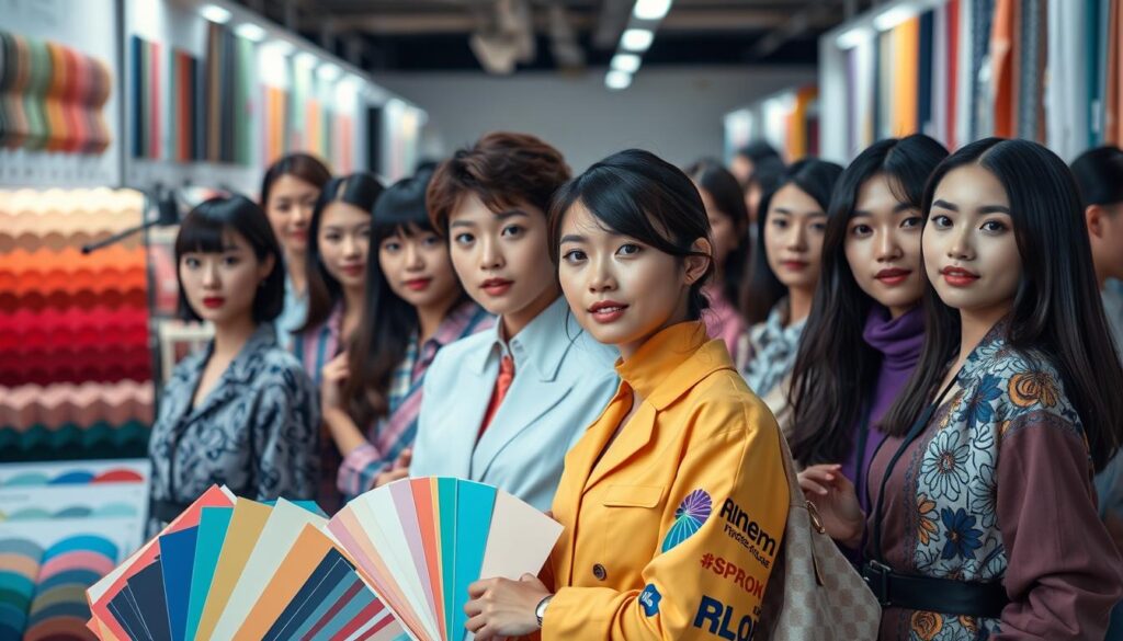 A bustling scene of a color coordination market, with a diverse group of young Japanese-looking models showcasing the latest fashion and interior design trends. The models are captured in a realistic, high-resolution photograph, their expressions conveying a sense of professionalism and expertise. The foreground features the models posing confidently, highlighting the vibrant colors and patterns of their attire. The middle ground showcases various color palettes, swatches, and mood boards, illustrating the breadth of the color coordination industry. The background is softly blurred, creating a sense of depth and focus on the main subject matter. Soft, diffused lighting illuminates the scene, accentuating the models' features and the rich, saturated hues of the color samples. The overall atmosphere exudes a sense of innovation, creativity, and the ever-evolving nature of the color coordination market.