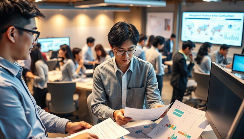A bustling scene of a compensation consulting firm, with a team of young, Japanese-looking professionals diligently carrying out various stages of the compensation process. In the foreground, a pair of consultants review documents and collaborate on a computer screen, their expressions focused and determined. In the middle ground, another group discusses charts and diagrams, analyzing data to ensure fair and compliant compensation practices. The background is filled with a sense of productivity, with team members moving between workstations and engaged in thoughtful discussions. The lighting is warm and natural, casting a professional yet approachable atmosphere over the scene. The angle is slightly elevated, providing a comprehensive view of the efficient, well-orchestrated compensation workflow.