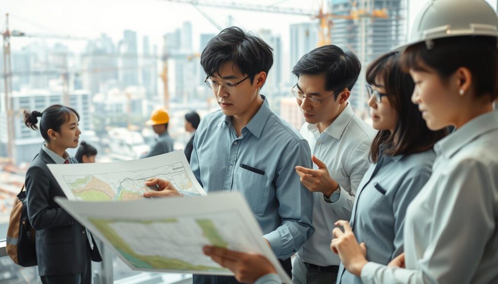 A bustling scene of a geological consulting industry, with young Japanese-looking professionals engaged in their work. In the foreground, a team of geologists pore over detailed geological maps and survey data, discussing their findings animatedly. In the middle ground, engineers and project managers confer over construction plans, while in the background, a large-scale infrastructure project is underway, cranes and machinery silhouetted against a vibrant urban skyline. The atmosphere is one of technical expertise, collaboration, and a sense of shaping the future built environment. Soft, diffused lighting and a tilt-shift lens create a sense of depth and focus, drawing the viewer's eye through the various layers of activity.