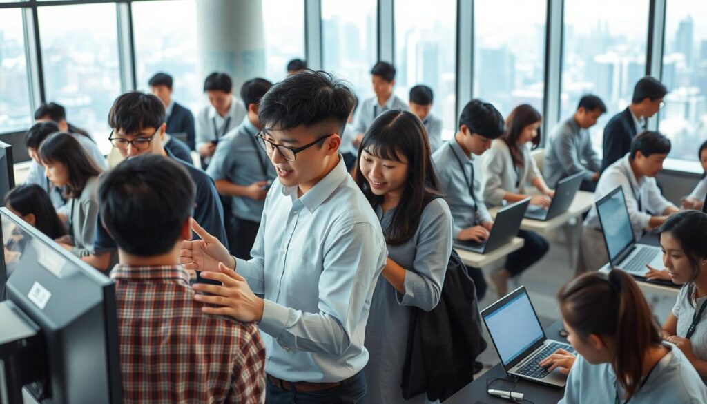 A bustling scene of a modern office setting, filled with a diverse group of young, energetic Japanese-looking systems engineers actively engaged in their work. The foreground features a group of three professionals huddled around a large display, gesturing animatedly as they collaborate on a complex technical problem. In the middle ground, other engineers are seated at their desks, typing furiously on their laptops, their faces illuminated by the soft, diffused lighting of the open-concept workspace. The background showcases an expansive, panoramic view of the city skyline through floor-to-ceiling windows, creating a sense of dynamic energy and opportunity. The overall atmosphere conveys the high demand and competitive nature of the systems engineering job market in Japan.