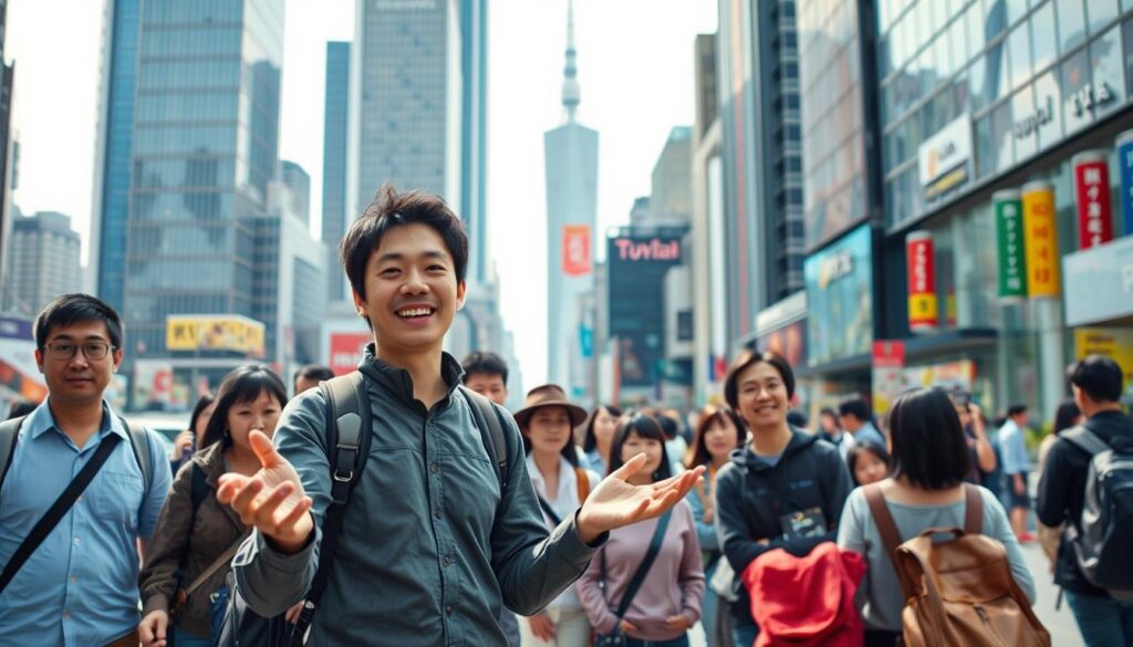 A bustling scene of a tour conductor guiding a group of Japanese tourists through a vibrant urban landscape. The conductor, a youthful Japanese man with a warm, inviting demeanor, stands at the forefront, gesturing animatedly as he shares insights about the surroundings. In the middle ground, the tour group follows attentively, their faces reflecting a mix of curiosity and excitement. The background is filled with towering skyscrapers, bustling streets, and the occasional glimpse of iconic landmarks, all bathed in a soft, natural light that lends an air of authenticity to the scene. The overall atmosphere conveys the tour conductor's role in providing a enriching, immersive experience for the travelers.