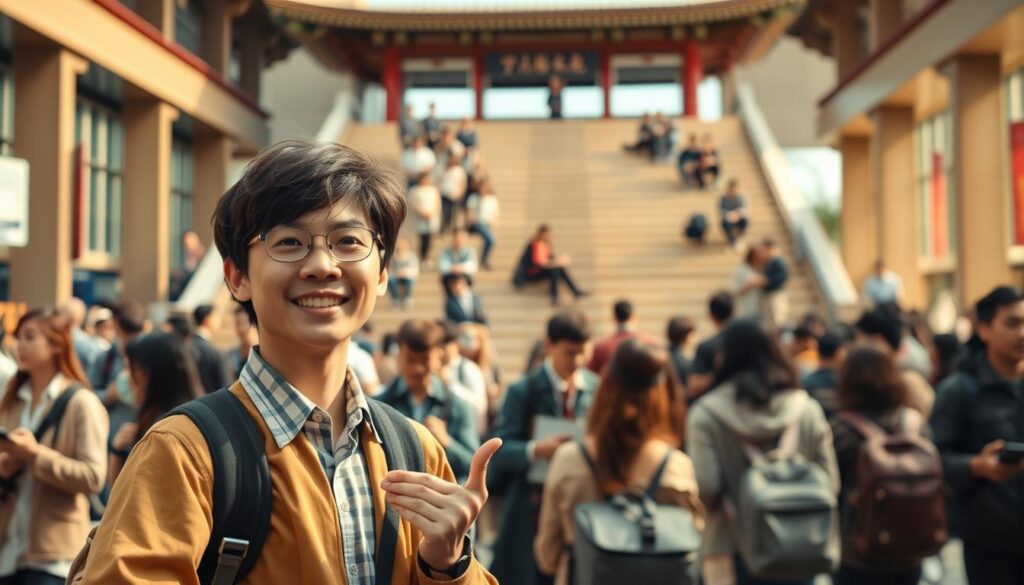 A bustling scene of a tour conductor's career path, captured in a striking photorealistic style. In the foreground, a young Japanese-looking tour guide stands confidently, gesturing with a warm smile as they guide a group of tourists. The middle ground showcases various roles and responsibilities, such as coordinating logistics, providing historical insights, and interacting with clients. In the background, a tiered structure illustrates the potential career progression, from entry-level positions to managerial roles, all bathed in a warm, natural lighting that enhances the sense of depth and professionalism. The overall atmosphere conveys the dynamic, people-oriented nature of the tour conductor's profession.