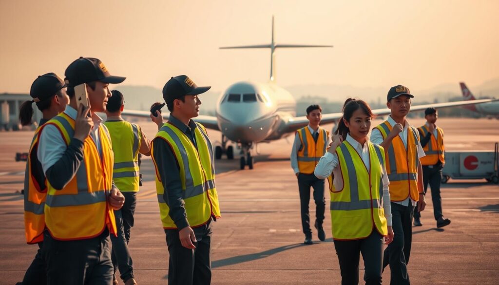 A bustling scene of airport marshalling operations, with a team of young, Japanese-looking individuals dressed in high-visibility vests and caps, efficiently guiding aircraft on the tarmac. Warm, natural lighting casts long shadows as they use hand signals and radios to coordinate the smooth movement of planes. The foreground is focused on their precise, coordinated movements, while the middle ground shows the aircraft they are directing, and the background reveals the vast expanse of the airfield, complete with other support vehicles and structures. The atmosphere conveys a sense of calm professionalism and teamwork as the marshalling crew carries out their essential duties.