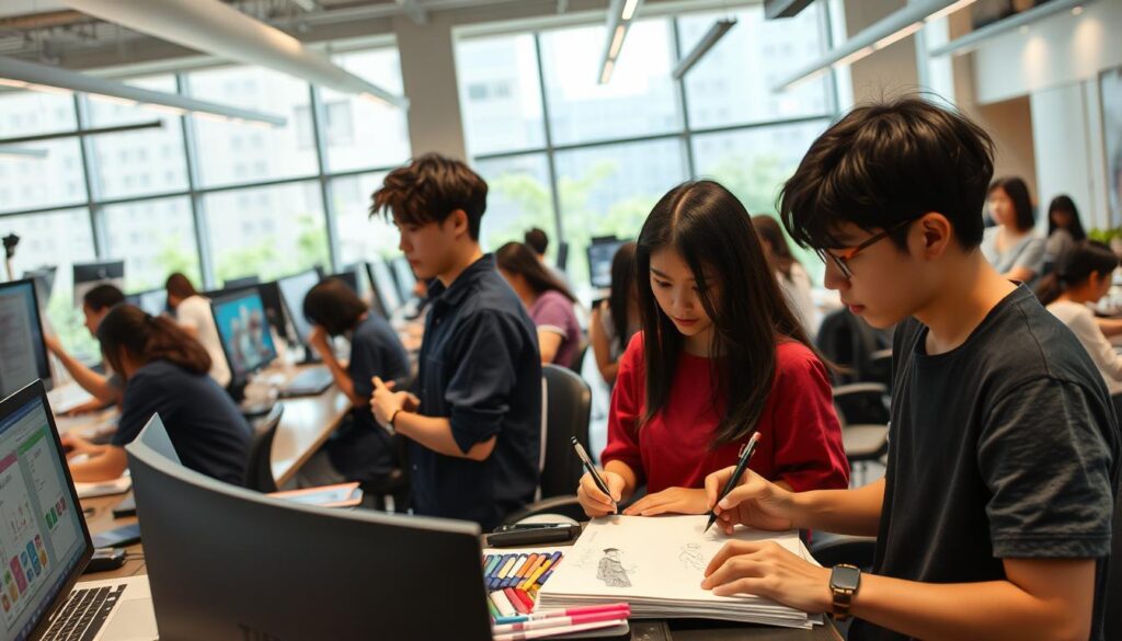 A bustling scene of character designers at work, capturing the vibrant energy and creative spirit of the industry. In the foreground, a group of young, focused individuals sketch and collaborate, their hands moving with precision. The middle ground reveals a mix of digital displays, reference materials, and ergonomic workstations, all contributing to the seamless workflow. In the background, a panoramic view of a modern, minimalist office space, with large windows allowing natural light to flood the room, creating a warm and inspiring atmosphere. The models, all young Japanese individuals with dark hair, bring a sense of authenticity and cultural nuance to the scene. The overall composition conveys the dedication, passion, and camaraderie that defines the character design profession.