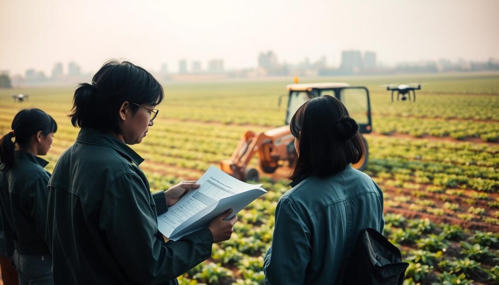 A bustling scene of innovative agricultural civil engineering comes to life. In the foreground, a team of young, dark-haired Japanese-looking technicians examine detailed blueprints, their faces illuminated by the warm glow of tablet screens. In the middle ground, sleek, cutting-edge machinery operates with precision, efficiently tilling the soil and laying irrigation systems. The background showcases verdant fields, enhanced by the latest precision farming technologies - drones, sensors, and data-driven decision-making tools. Soft, diffused lighting creates a contemplative atmosphere, underscoring the transformative potential of these advancements in the field of agricultural civil engineering.
