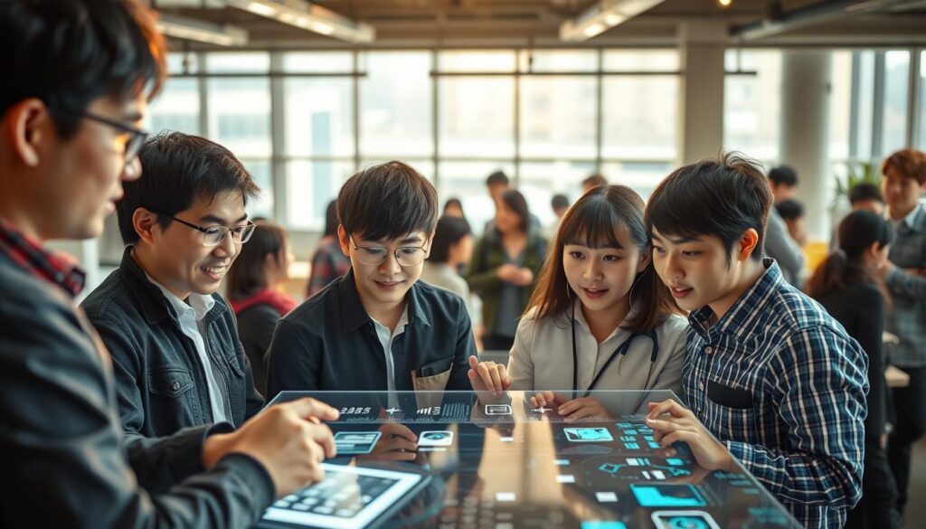 A bustling scene of young, Japanese-looking customer engineers, their faces radiating determination and focus, as they collaborate on the latest technological advancements. The foreground features a team of three individuals, huddled around a sleek, holographic interface, their expressions animated as they discuss potential solutions. In the middle ground, a larger group confers, gesturing animatedly, while the background showcases a modern, well-equipped office space with floor-to-ceiling windows, bathed in warm, natural lighting. The overall atmosphere conveys a sense of innovation, growth, and the promising future of the customer engineering industry.