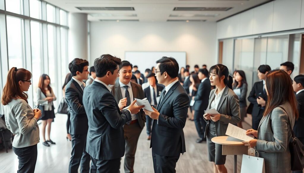 A bustling scene of young Japanese-looking professionals, dressed in formal attire, engaged in lively discussions and consulting with one another. The foreground features a group of men and women standing around a central table, gesturing animatedly and studying documents. The middle ground showcases a larger gathering of similar figures, their expressions intent as they navigate the complex landscape of the odor assessment industry. In the background, a sleek, modern office environment with floor-to-ceiling windows provides a refined, corporate atmosphere. Soft, diffused lighting casts a warm, professional glow over the entire scene, capturing the dynamic and rapidly evolving nature of the odor assessment field.