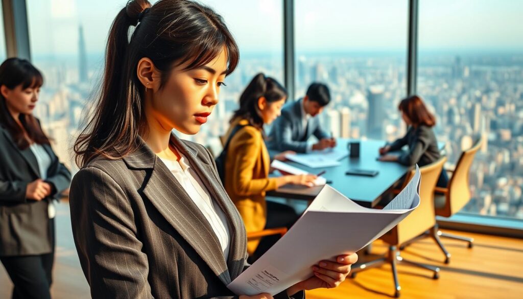 A bustling scene of young professionals on the career path to becoming licensed engineers. In the foreground, a determined woman in a crisp suit pores over technical documents, her gaze fixed on the horizon. Behind her, a group of colleagues collaborate at a sleek conference table, discussing plans and sketching diagrams. In the background, a panoramic cityscape stretches out, hinting at the expansive opportunities that await those with the coveted technical engineer's license. Warm, natural lighting illuminates the scene, casting a sense of ambition and opportunity. The models are all youthful, with distinct Japanese features, presented in a realistic photographic style.