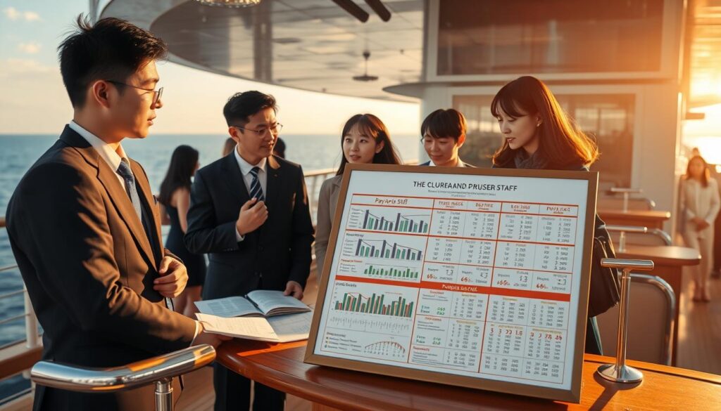 A bustling scene on the deck of a grand cruise ship, with a group of neatly dressed, young Japanese-looking people engaged in animated discussions. The sun casts a warm glow, highlighting the gleaming chrome and polished wood surfaces. In the foreground, a panel displays charts, graphs, and figures, illustrating the intricate pay structure and employment benefits for the ship's purser staff. The middle ground features these individuals, their expressions serious yet professional, as they review the detailed information. In the background, the vast expanse of the open ocean stretches out, hinting at the global reach and prestige of the cruise line operation. The overall atmosphere conveys a sense of precision, order, and the nuanced financial considerations underlying the purser's role on an international passenger vessel.