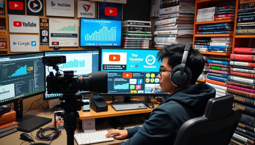 A bustling scene showcasing the diverse income streams of a modern YouTuber. Prominently featured in the foreground are a young, Japanese-looking content creator capturing footage with a professional-grade camera, surrounded by a sleek desktop setup with multiple screens displaying analytics dashboards and monetization tools. In the middle ground, digital advertisements and brand sponsorship logos are prominently displayed, hinting at the influencer's lucrative partnerships. The background is filled with stacks of merchandise, a microphone setup for podcasting, and a bookshelf containing guides on video production and digital marketing - all symbols of the YouTuber's multifaceted revenue sources. The overall mood is one of success, innovation, and the financial rewards of building an engaged online audience.