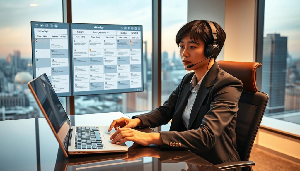 A bustling schedule unfolds within a sleek, modern office. An interpreter sits at a polished desk, headphones on, intently listening and rapidly translating in real-time. Behind them, a digital calendar displays the day's packed agenda - meetings, client calls, and simultaneous interpretations. The lighting is warm and focused, casting a professional atmosphere. Through large windows, the cityscape beyond provides a picturesque backdrop, hinting at the global nature of the interpreter's work. The interpreter's young, Japanese-inspired features convey a calm, focused demeanor as they navigate their demanding, yet rewarding, daily responsibilities.