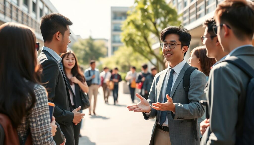 A bustling school campus on a sunny day, with a well-dressed, professional-looking Japanese man in his late 20s or early 30s at the center. He stands confidently, surrounded by colleagues and students, gesturing as he discusses career development opportunities. The scene is filled with a sense of purpose and possibility, captured through a lens that accentuates the crisp details, warm lighting, and natural expressions of the figures. Conveying the theme of career advancement for school administrators, the image exudes a mood of optimism and progression.