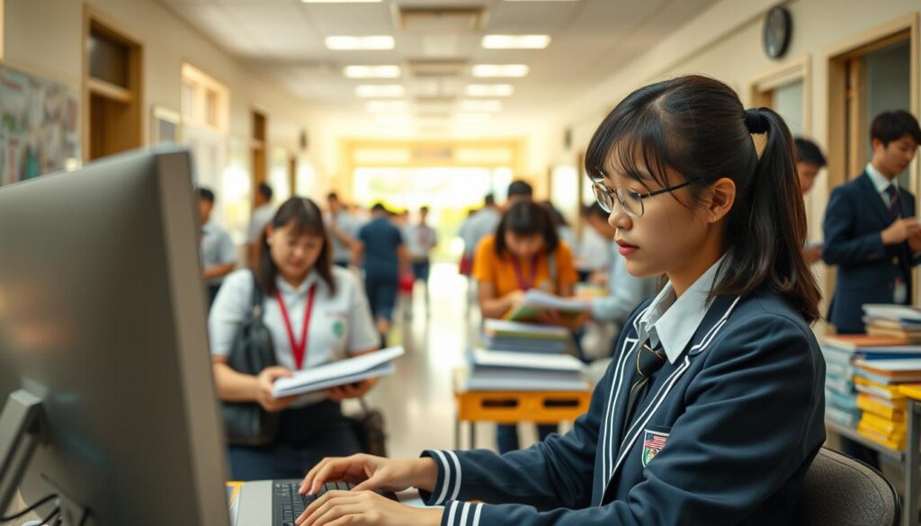 A bustling school hallway, the camera capturing a day in the life of a school staff member. In the foreground, a young Japanese-looking individual in a crisp uniform diligently updating student records on a computer, their face full of concentration. In the middle ground, another staff member is carefully organizing files and supplies, ensuring the school's administrative tasks run smoothly. The background showcases the vibrant school environment, with students bustling through the halls, teachers engaged in discussions, and a sense of organized chaos that characterizes the daily operations of an educational institution. Soft, natural lighting filters through the windows, casting a warm glow over the scene. The overall mood is one of efficiency, dedication, and the vital role the school staff plays in supporting the learning and growth of the student body.