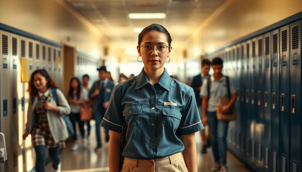 A bustling school hallway, where a diligent 校務員 stands at the center, their uniform crisp and professional. Surrounding them, students and teachers weave through the corridors, their faces a mix of focused determination and youthful energy. The lighting is warm and natural, casting a soft glow on the scene. The camera angle captures the 校務員 from a low perspective, emphasizing their role as the backbone of the school's operations. In the background, lockers and bulletin boards line the walls, hinting at the varied responsibilities the 校務員 must juggle. The overall atmosphere conveys a sense of efficiency, order, and the unwavering commitment required to maintain the smooth functioning of the educational institution.