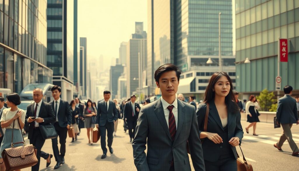 A bustling securities analyst job market in a modern urban setting. In the foreground, young, sharp-featured Japanese professionals in formal attire navigate the busy streets, briefcases in hand, reflecting the competitive nature of the industry. The middle ground features sleek high-rise office buildings, their glass facades glinting under a warm, diffused natural light. In the background, a sprawling cityscape unfolds, hinting at the dynamic financial landscape these analysts operate within. An atmosphere of hustle, ambition, and career opportunity permeates the scene, capturing the essence of the securities analyst job market.