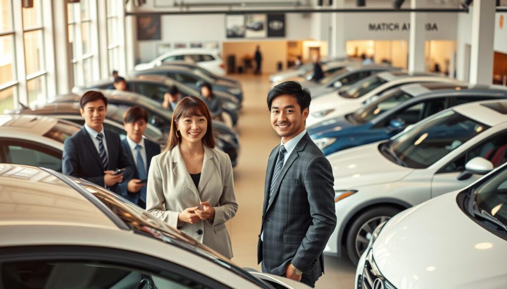 A bustling showroom filled with sleek, modern automobiles. In the foreground, a team of young, smartly-dressed Japanese sales representatives engage with potential customers, their expressions a mix of professionalism and enthusiasm. The middle ground showcases the diverse range of vehicles on display, each meticulously polished and positioned to catch the eye. Warm, natural lighting filters in through large windows, creating a welcoming and inviting atmosphere. The background hints at the organizational structure of the dealership, with offices and workspaces visible in the distance, reflecting the dynamic nature of the industry. The overall scene conveys the energy and dedication required to excel in the competitive world of automotive sales.
