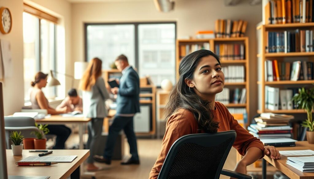 A bustling social work office, bathed in warm, natural lighting. In the foreground, a young, empathetic social worker sits at her desk, deep in thought as she navigates the complexities of her client's challenges. Across the room, a team of colleagues collaborates, discussing strategies to overcome systemic barriers and provide holistic support. The atmosphere is one of dedication and determination, with a palpable sense of purpose. In the background, shelves brimming with case files and reference materials hint at the wealth of knowledge and experience that informs their work. This image captures the essence of the social worker's role - a delicate balance of compassion, problem-solving, and a relentless pursuit of positive change.