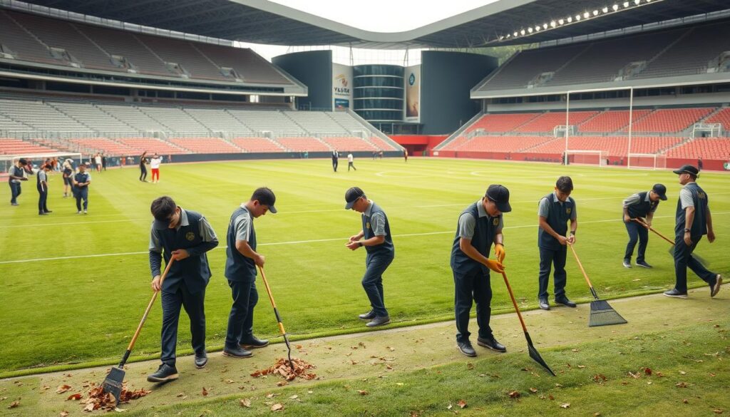 A bustling sports facility, its well-manicured grounds tended by a team of dedicated groundskeepers. In the foreground, several young Japanese individuals in uniform, diligently maintaining the pristine playing fields, raking leaves, and trimming the lush grass. The mid-ground showcases the various departments and facilities they may oversee, from baseball diamonds to soccer pitches, all under the watchful eye of experienced supervisors. In the background, a modern, state-of-the-art stadium looms, its sleek architecture a testament to the importance of their work in supporting the athletic endeavors within. Soft, diffused lighting creates a sense of professionalism and pride, as these groundskeepers take pride in their role in keeping the sports complex in top condition.