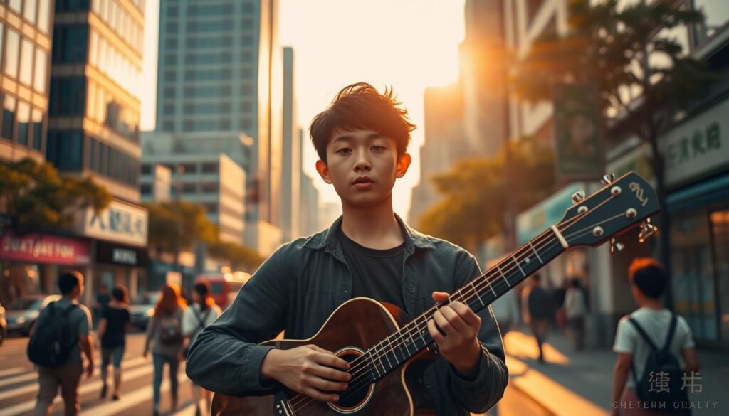 A bustling street corner, bathed in warm evening light. A young Japanese street musician, their eyes filled with determination, stands center stage. Behind them, the silhouettes of towering skyscrapers suggest the city's limitless potential. The musician's nimble fingers dance across the strings of their guitar, captivating passersby with a soulful melody. The scene emanates a sense of boundless possibility, hinting at the musician's promising career trajectory. Cinematic lighting and a shallow depth of field draw the viewer's focus to the expressive face of the performer, capturing the essence of their artistic ambition. This image conveys the theme of the "将来性と発展の可能性" section, showcasing the street musician's evolving career and the urban landscape that shapes their dreams.